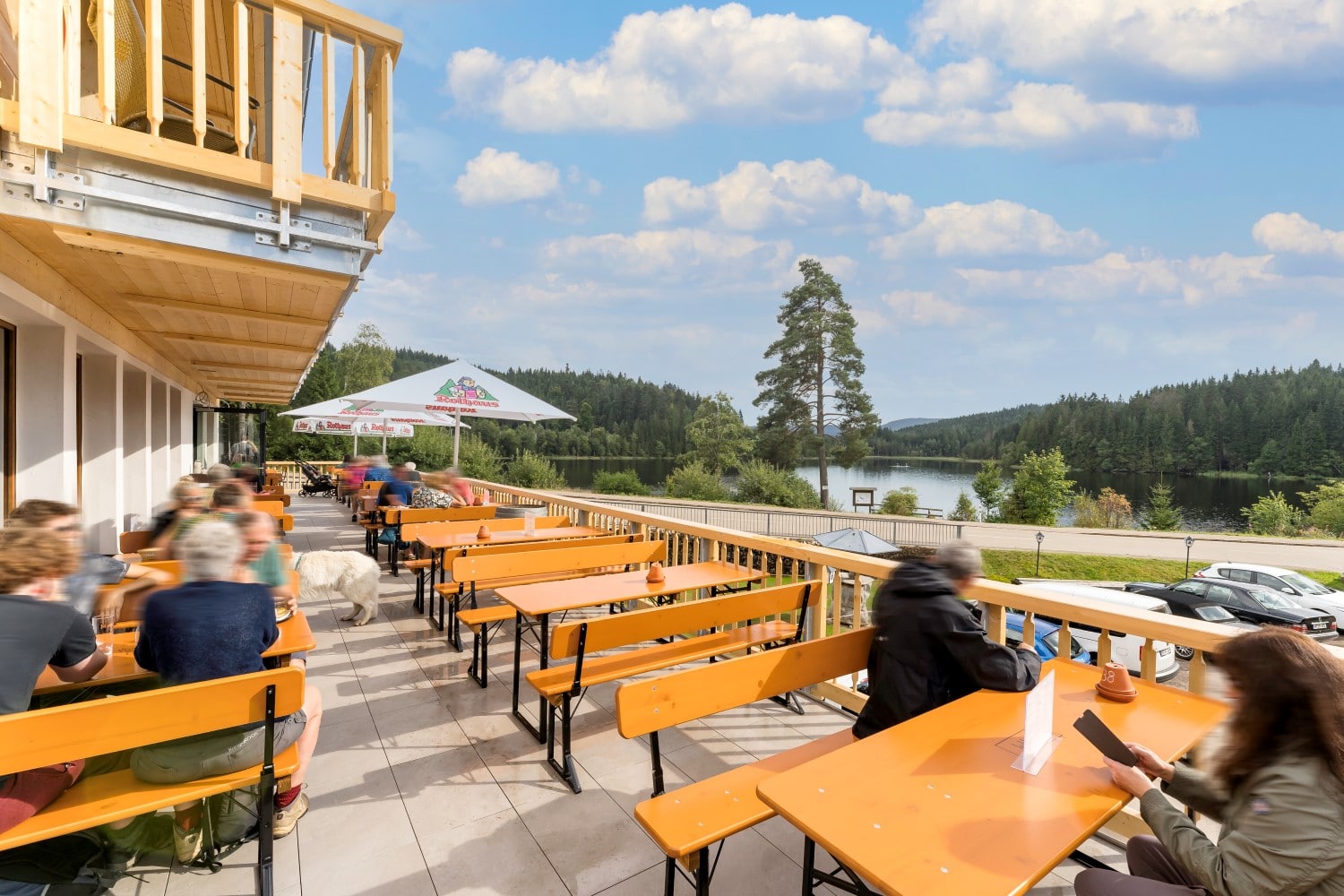 Sonnenterrasse der Köhlerei am See mit Blick auf den Windgfaellweiher